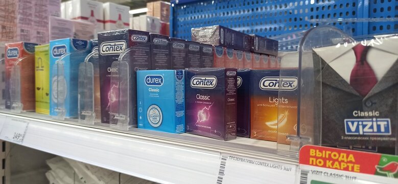 Moscow.Russia. Durex, Contex and Vizit condoms are available on store shelves in Russia. Colorful packages with inscriptions in Russian.