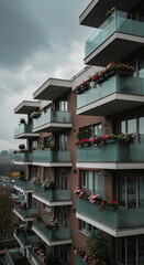 Fototapeta premium Modern apartment building with numerous balconies adorned with vibrant flower boxes under a cloudy sky.
