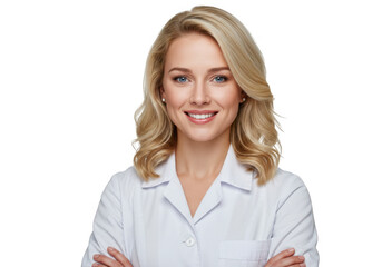 Smiling female doctor wearing white lab coat isolated on transparent background