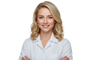 Smiling female doctor wearing white lab coat isolated on transparent background