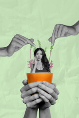 Poster image vertical photo collage of happy girl guy stand coffee cup drink herbal tea beverage...