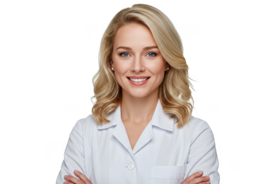 Smiling female doctor wearing white lab coat isolated on transparent background