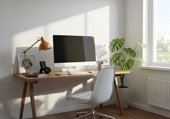 Bright minimalist home office with desktop computer and greenery