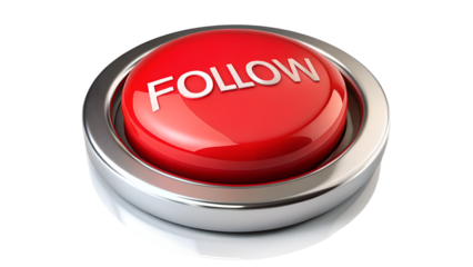A red follow button with a metallic border, isolated on transparent background