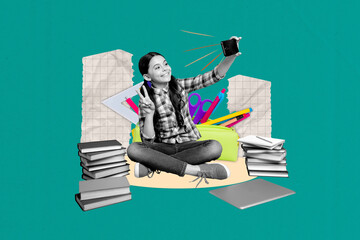 Banner full sketch collage of happy schoolgirl take selfie photo book stack education pencil-case...