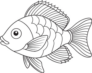 Tropical cichlid fish illustration in cartoon black and white for fun educational activities