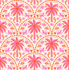 Hand drawn palm tree damask seamless pattern. Hawaiian print, summer holiday background in vintage style. Tropical plant painting. Design for fabric, textile, wallpaper and decoration.
