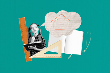 Art sketch image vertical collage of minded schoolgirl hold notepad dream home ruler supply notepad...