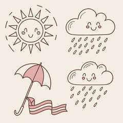 Cute weather icons featuring sun, clouds, rain, and umbrella