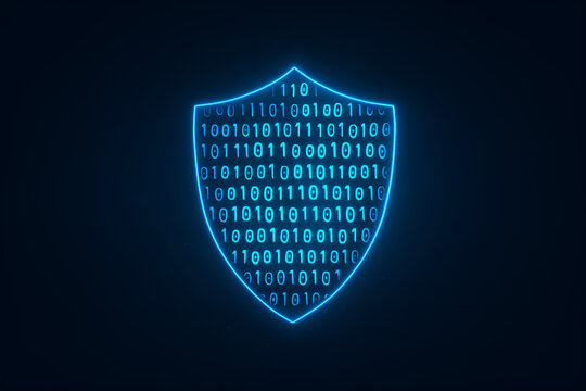 A glowing blue shield filled with binary code represents digital security and data protection