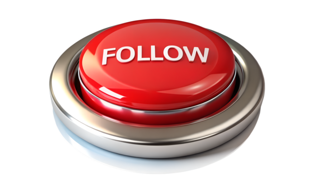 A shiny red follow button isolated on transparent background invites users to connect on social media