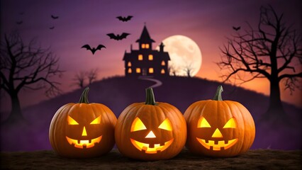 Fototapeta premium Three Jack-o'-lanterns glowing on a hill with a spooky haunted house and full moon in the background