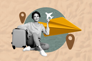 Image 3d zine full collage of happy girl hold paper plane airport leaving geolocation sea resort...