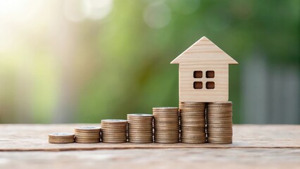 Wooden house on ascending coins path — growing home equity and ROI in real estate
