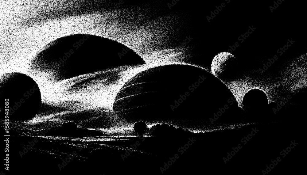Poster alien planet landscape in retro dotwork style. planets and satellites over unknown planet in space. 