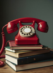Red vintage telephone on stack of books with dark background  