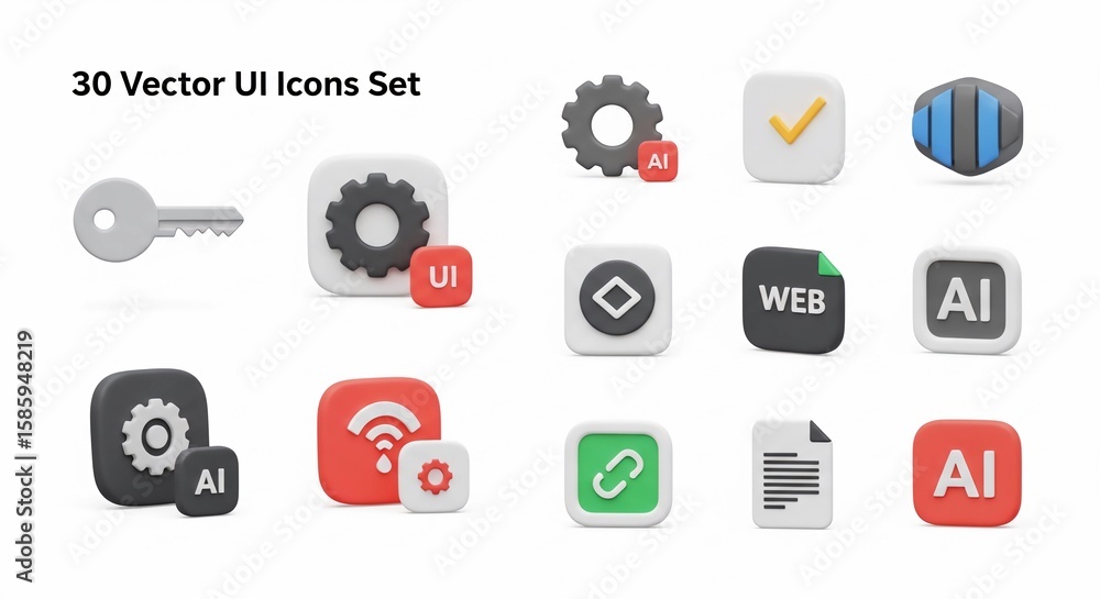Poster a set of thirty three-dimensional vector ui icons depicting settings, ai, web, and security elements