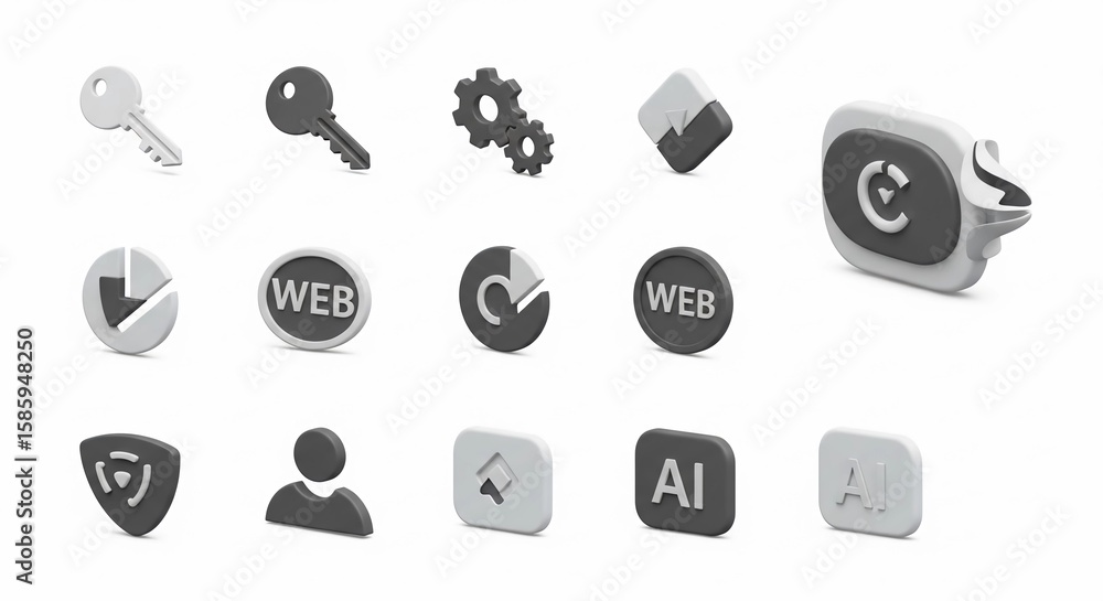 Poster collection of isometric 3d web interface icons depicting security, settings, user profile, and data.
