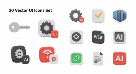 A set of thirty three-dimensional vector UI icons depicting settings, AI, web, and security elements.