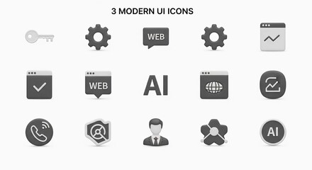 Collection of fifteen grayscale modern UI icons depicting web, AI, security, settings, and communication elements.