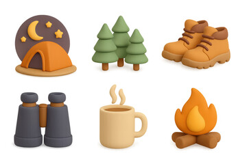 Cozy camping icons with 3d clay style featuring tent, campfire, trees, boots, binoculars, and coffee