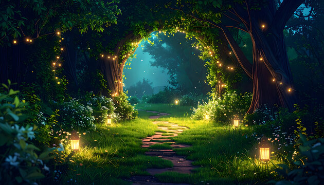 Enchanted Forest Path at Night with Glowing Lights