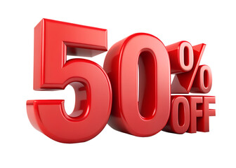 A bold red 50 off graphic isolated on transparent background announces a major sale event