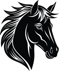 A sleek black and white vector illustration of a horse head in profile