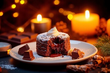 A piece of chocolate cake on a plate with a candle in the background
