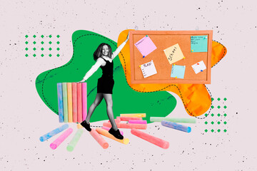 Trend artwork banner sketch 3D photo collage of young schoolgirl stand board coloring pencil...
