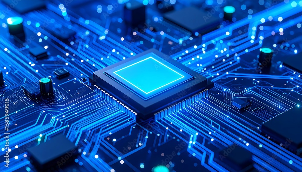Poster close-up of a complex circuit board with a central processor