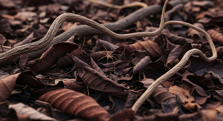 A pile of dry, crunchy autumn leaves in shades of dark brown and red, with a few dry, twisted branches scattered around. A single spider (realistic, but not threatening) weaves a thin web among the le