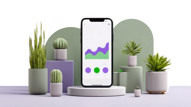 A modern smartphone displaying a growth chart is surrounded by various potted plants and minimalist decorative elements isolated on transparent background