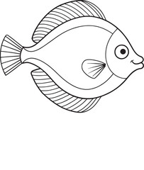 Tropical flounder fish drawing in black and white line style perfect for design and coloring