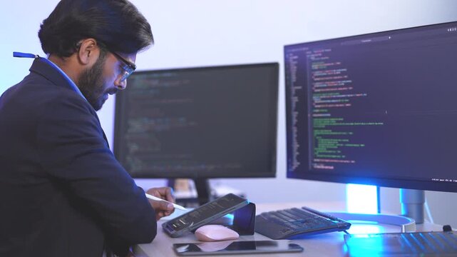 Focused Indian male AI developer coding a complex machine learning algorithm late at night. A dedicated data scientist working on a neural network at a multi-moni