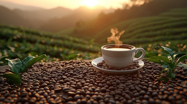 Sunrise coffee on a tea plantation - Powered by Adobe