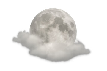 Full moon rising behind white clouds on transparent background