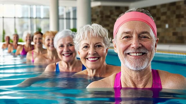 Joyful seniors in synchronized aquatic workout at indoor pool