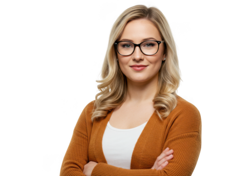 Young woman with blonde hair and glasses wearing a cardigan isolated on transparent background - Powered by Adobe