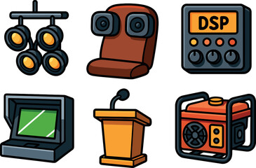 Naklejka premium Cartoon icons set featuring traffic light, car seat, dsp module, atm, podium, and generator