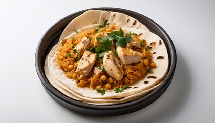 rfissa with chicken and lentils served over shredded flatbread on a clean white background for a vibrant culinary presentation