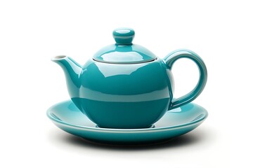 Elegant turquoise teapot with saucer on white background for tea time and relaxation