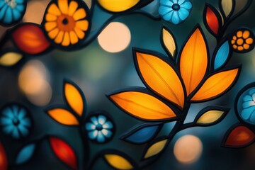 Colorful stained glass window featuring vibrant floral patterns in shades of orange, blue, and yellow