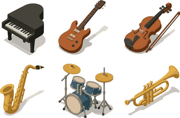 Collection of musical instruments including piano, guitar, violin, saxophone, drums, and trumpet