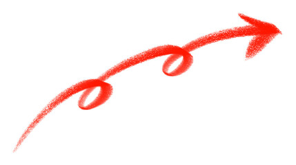 Hand drawn red arrow icon. Crayon textured swirl arrow pointing direction with transparent background.