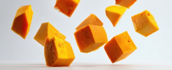 The vibrant cheese cubes levitate against a clean white background, showcasing freshness.