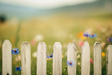 White wooden fence with wildflowers in meadow, soft focus background