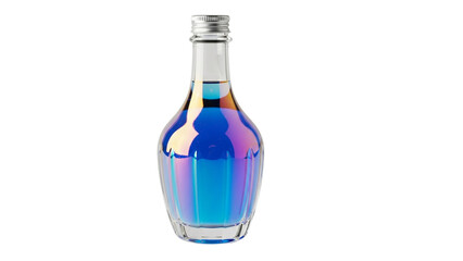 A clear glass bottle with iridescent colors and blue liquid on a white background