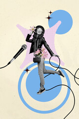 Collage of cheerful people dancing near obsolete retro vinyl expressing retro disco party vintage...