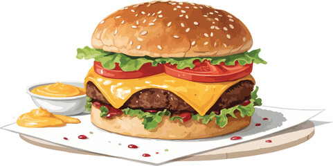 Burger on wooden board vector design, Burger illustration vector design in white background